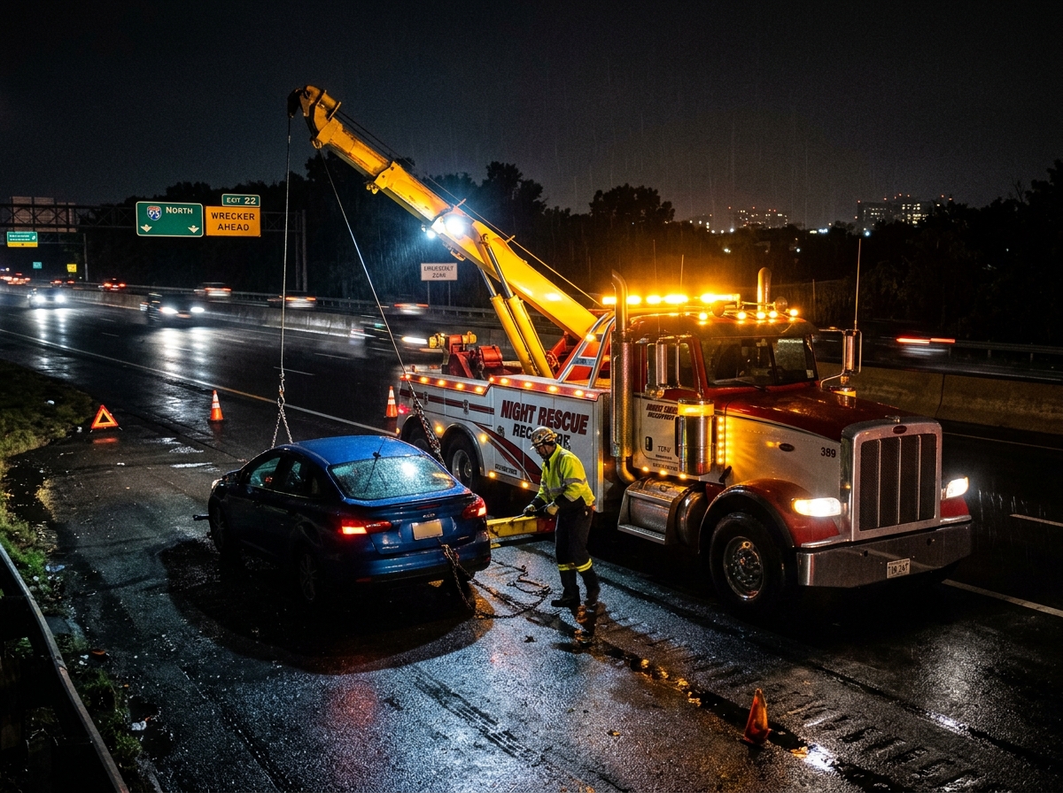 Accident recovery and wrecker boom truck clearing vehicle on highway shoulder