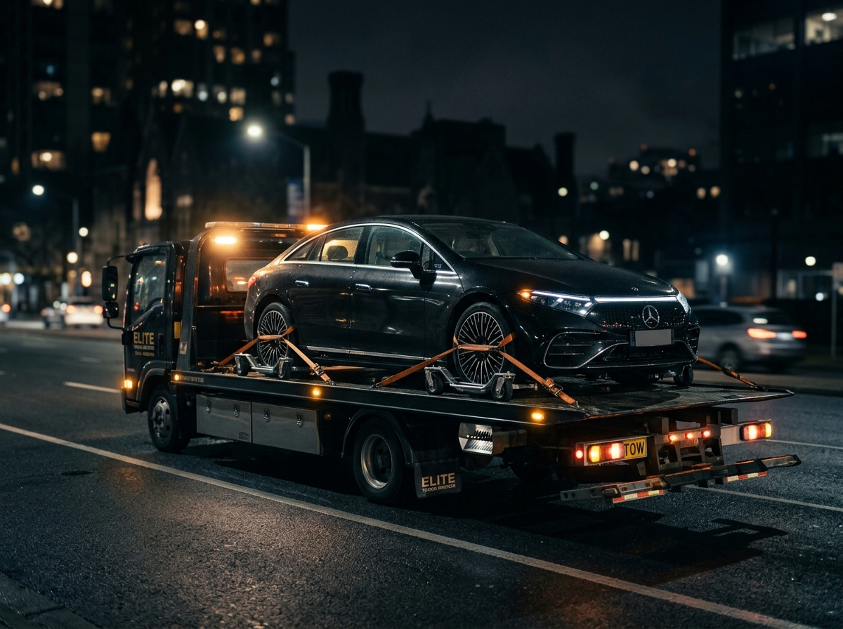 Modern electric vehicle secured with auxiliary dollies on flatbed tow truck