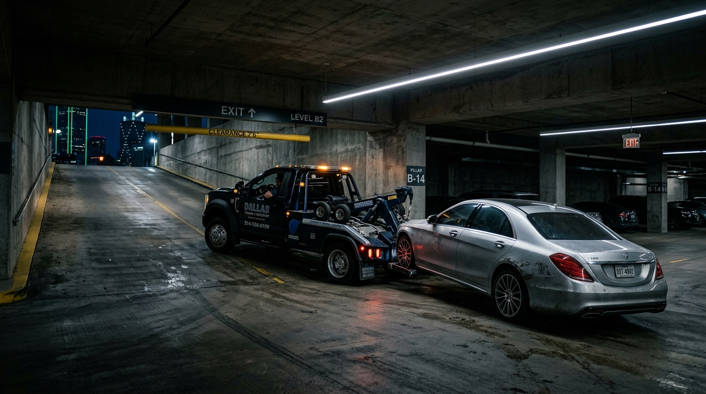 Wheel-lift wrecker towing out of subterranean Dallas garage